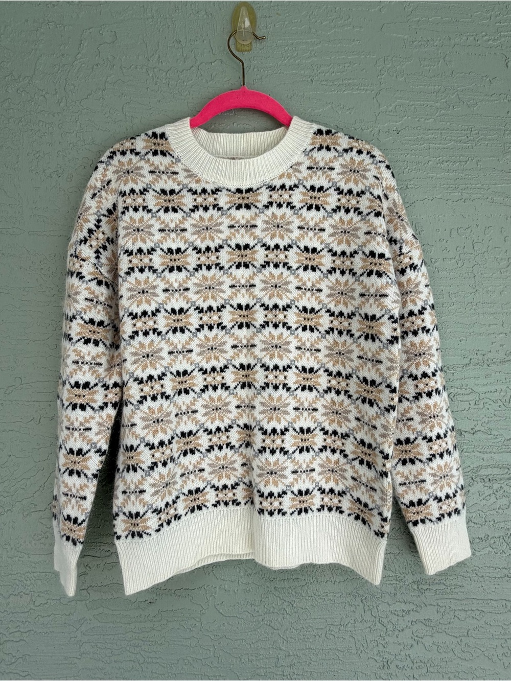 Chelsea & Theodore Cream Fair Isle Crewneck Sweater with Tan and Black Pattern